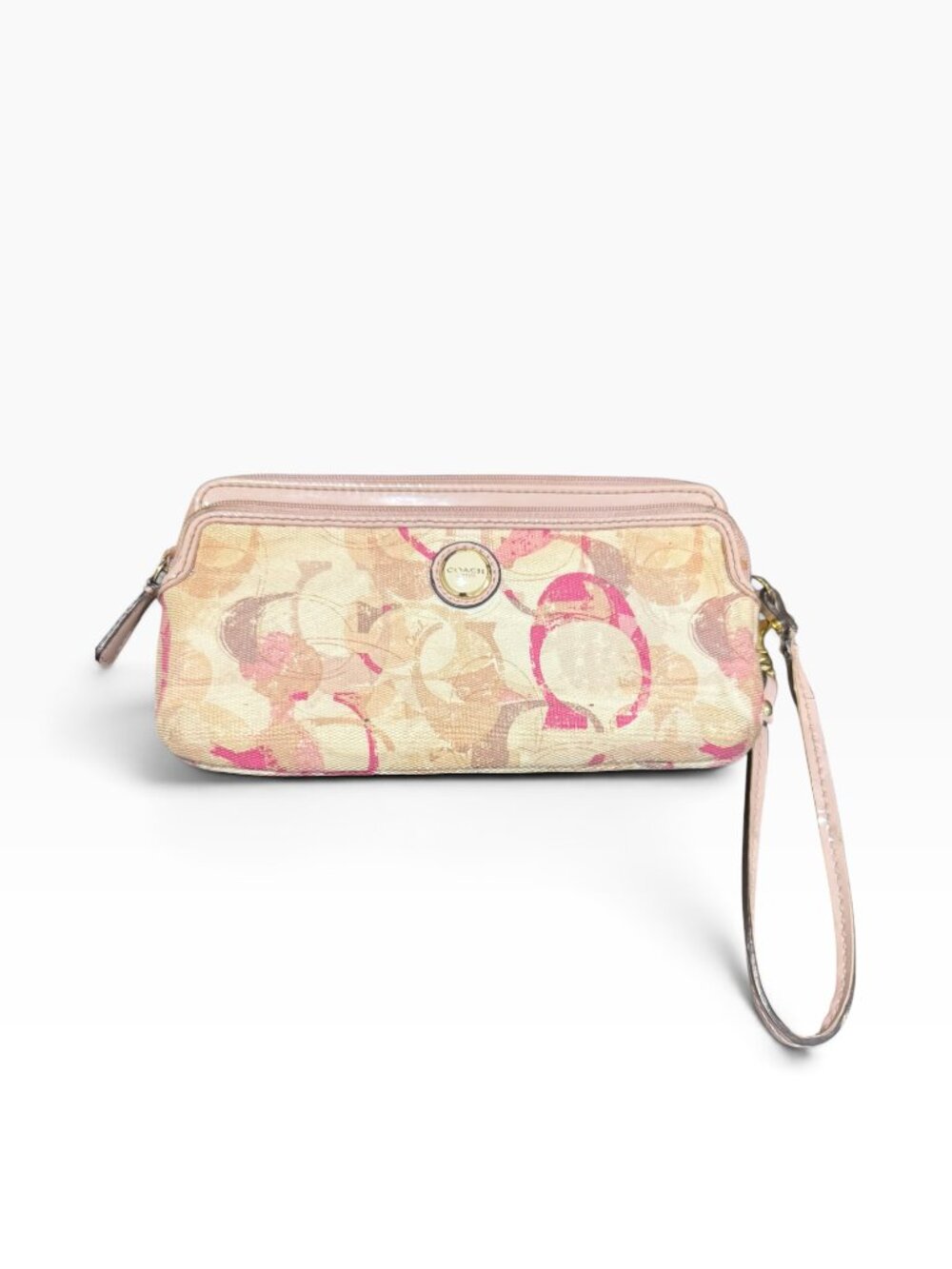 Coach pink and multi-colored signature "C" double-zip wristlet wallet